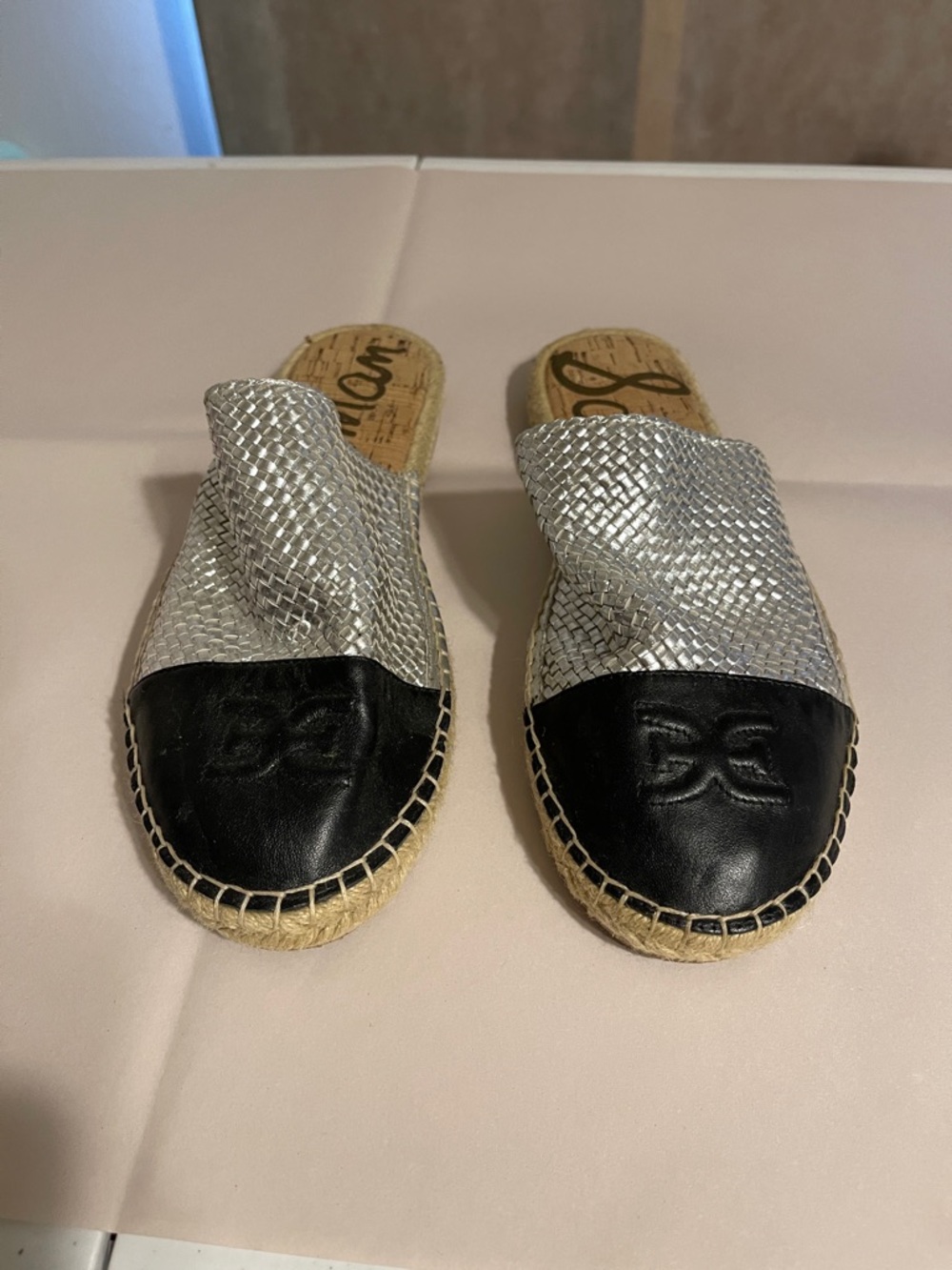 Sam Edelman Silver Woven Slide with Black Toe Cap